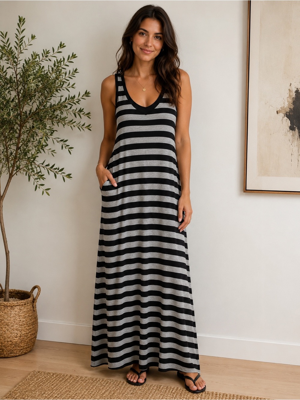 Caslon Maxi Dress Black and Gray Striped Size S